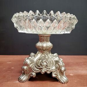 Vintage Hollywood Regency Style Cut Glass Trinket Compote Pedestal Dish